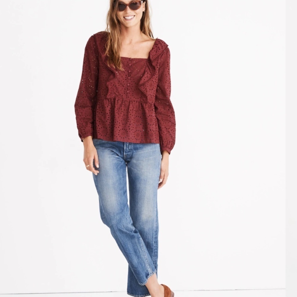 Madewell Eyelet Pom-Pom Long Sleeve Top Blouse Cabernet Size Large
